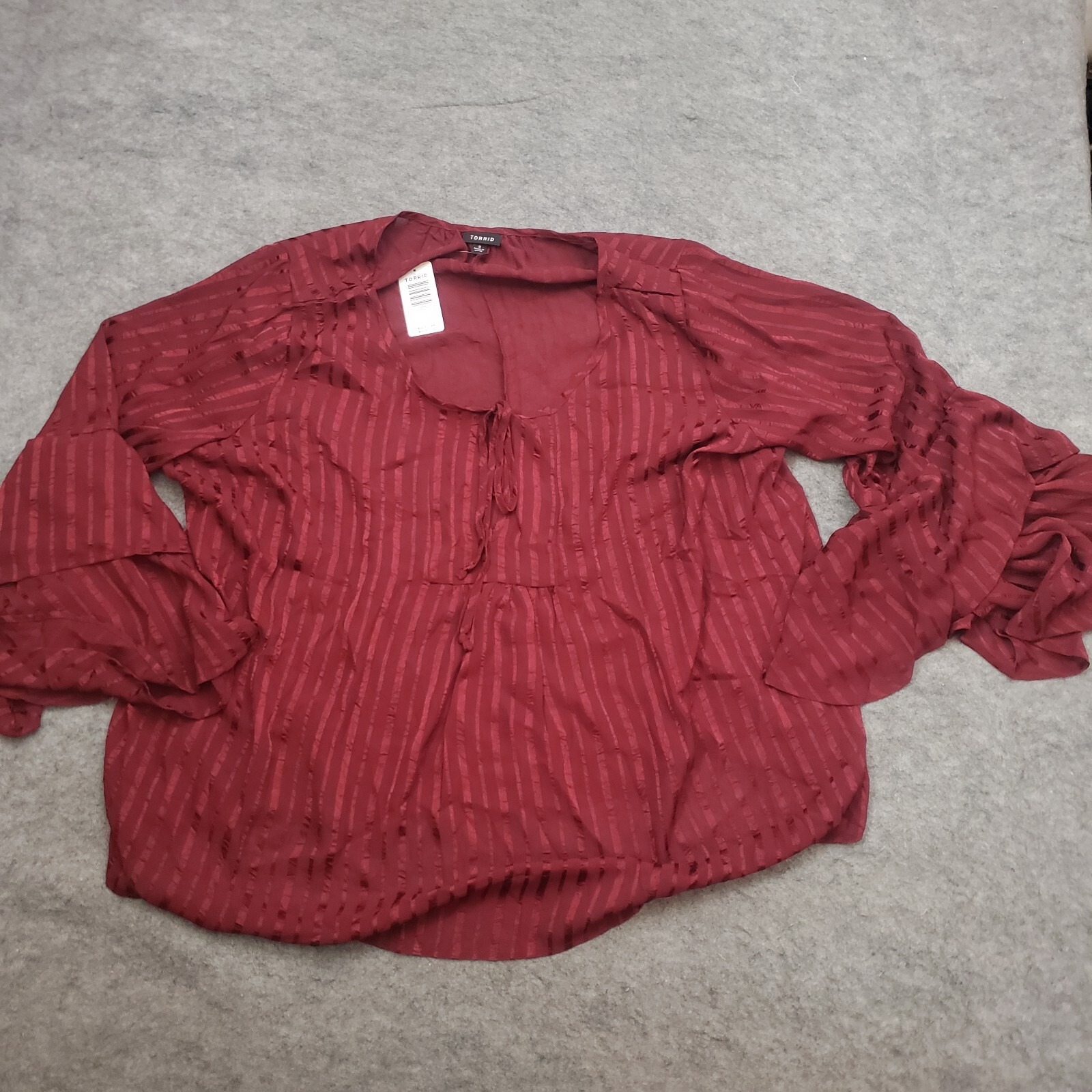 New Torrid Shirt Women 3 Plus Size Red Blouse Long Sleeve Bell Tie Round Neck A6